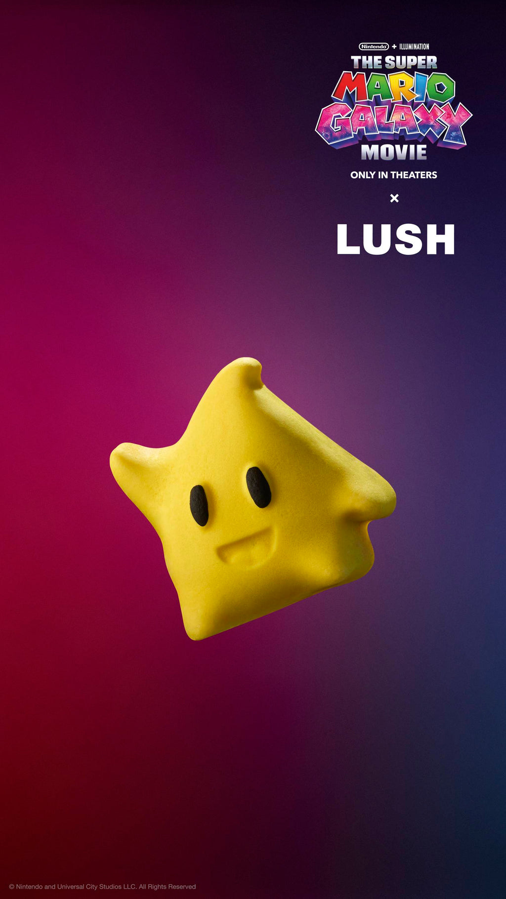 Yellow star-shaped Luma bubble bar with black eyes and a smile, floating against a purple gradient background. "The Super Mario Galaxy Movie x LUSH" logos at the top.
