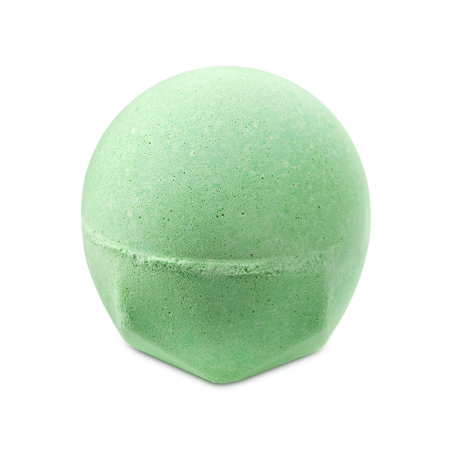 A bright green, spherical bath bomb called Avobath Bath bomb with a speckled texture. The round top tapers into a faceted base, all set against a solid black background.