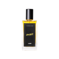 A glass perfume bottle filled with a light amber liquid. A black label reads 'The Perfume Library' and 'Ginger'.